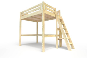 ABC MEUBLES Hochbett 140x200 aus Holz + verstellbare Leiter Alpage - Roh (ohne Lack)
