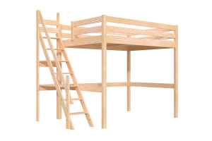 ABC MEUBLES Hochbett 140x200 aus holz Sylvia mit Mülertreppe - Roh (ohne Lack)