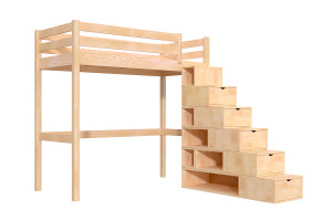 ABC MEUBLES Letto a soppalco legno con scala cubo Sylvia - 90x200 -  Legno Grezzo (senza vernice)