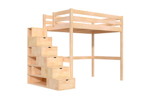 ABC MEUBLES Hochbett holz mit Treppenregal Sylvia - 120x200 - Roh (ohne Lack)