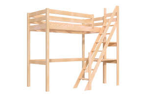 ABC MEUBLES Letto a soppalco in legno Sylvia 90x200 con scala a mugnaio -  Legno Grezzo (senza vernice)