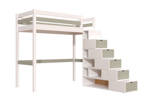 ABC MEUBLES Letto a soppalco legno con scala cubo Sylvia - 90x200 -  Bianco/Moka