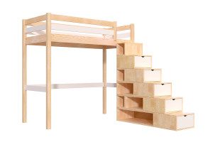 ABC MEUBLES Hochbett holz mit Treppenregal Sylvia - 90x200 - Naturlack/Weiß