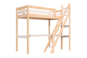 ABC MEUBLES Lit Mezzanine bois Sylvia 90x200 avec escalier de meunier - Vernis naturel/Blanc