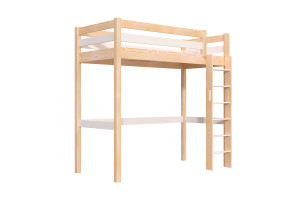 ABC MEUBLES Hohes bett 1-Personen Sylvia 90x200 mit gerader Leiter - Naturlack/Weiß
