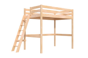 ABC MEUBLES Hochbett holz mit Leiter Sylvia - 120x200 schräge Leiter - Roh (ohne Lack)