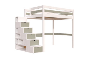 ABC MEUBLES Hochbett 140x200 Sylvia mit treppenregal - Weiß/Mokka