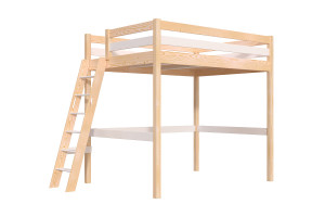 ABC MEUBLES Letto a soppalco 140x190 legno con scala Sylvia scala inclinata -  Vernice Naturale/Bianco