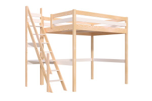 ABC MEUBLES Hochbett 140x200 aus holz Sylvia mit Mülertreppe - Naturlack/Weiß