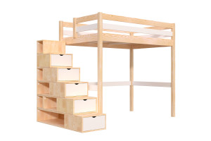 ABC MEUBLES Hochbett holz mit Treppenregal Sylvia - 120x200 - Naturlack/Weiß