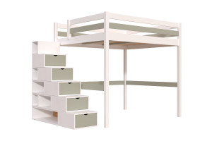 ABC MEUBLES Letto a soppalco legno con scala cubo Sylvia - 160x200 -  Bianco/Moka