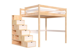 ABC MEUBLES Hochbett holz mit Treppenregal Sylvia - 160x200 - Naturlack/Weiß
