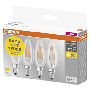 Osram Vendek 4.0W (40W) E14 Can LED Bulb, Non-Dimmable, Energy Efficient, 4-Pack