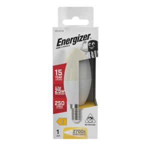 Energizer Led 2.2W (25W) 250 Lumens E14 Opal Candle Lamp Warm White 2700K, Energy Efficient, Long Lasting, Easy Installation, Warm White Light