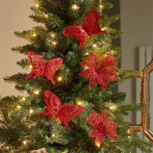 Clip-On Ruby Butterfly & Flower Decor, 5Pk - Perfect for Christmas Trees, Wreaths, Table Centre-Pieces, and More