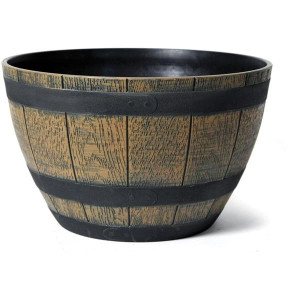 Planter Bowl Wood Effect Resin, Rustic Oak Barrel Design, Weather-Resistant, 250mm x 400mm, for Outdoor or Indoor Use