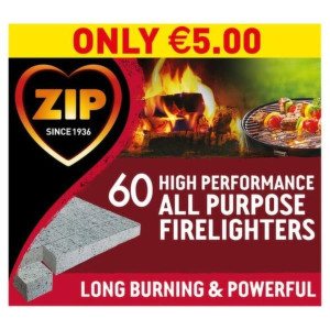 Zip Firelighters for Fireplaces, Grills, and Wood-Burning Stoves - 60-Piece Pack, Fast-Igniting, Compact