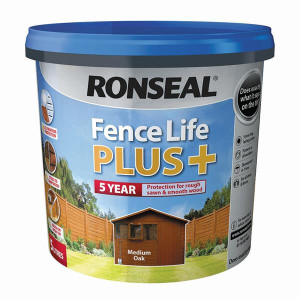 Ronseal Fencelife Plus Medium Oak 5L, 5 year all-weather protection for rough sawn & smooth wood, brush or spray on, sticks to damp wood