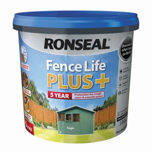 Ronseal Fencelife Plus Sage 5L, 5 year all-weather protection for rough sawn & smooth wood, brush or spray on, sticks to damp wood