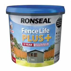 Ronseal Fencelife Plus Slate 5L, 5 year all-weather protection for rough sawn & smooth wood, brush or spray on, sticks to damp wood