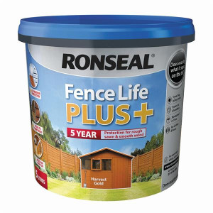 Ronseal Fencelife Plus Harvest Gold 5L, 5 year all-weather protection for rough sawn & smooth wood, brush or spray on, sticks to damp wood
