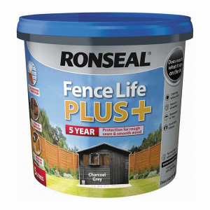 Ronseal Fencelife Plus Charcoal Grey 5L, 5 year all-weather protection for rough sawn & smooth wood, brush or spray on, sticks to damp wood