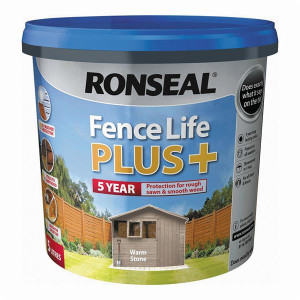 Ronseal Fencelife Plus Warm Stone 5L, 5 year all-weather protection for rough sawn & smooth wood, brush or spray on, sticks to damp wood