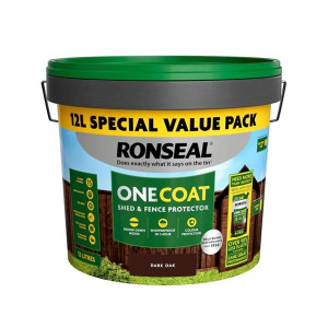 Ronseal Onecoat - Shed & Fence Dark Oak 12L, Easy 1-Hour Showerproof Wood Protection, Long Lasting Colour, 12L, Dark Oak