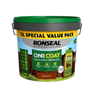 Ronseal Onecoat - Shed & Fence Med Oak 12L, Easy Application, Quick Drying, Long Lasting Colour, Weather Resistant, 12L, Shed and Fence Protection