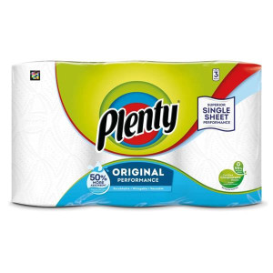 Plenty Original Kitchen Roll 2 Ply, 3 Rolls of 100 Sheets, Compostable, 55% Recycled Plastic, Absorbent Sheets for Kitchen Cleaning