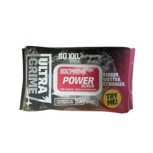 Ultra Grime Pro Power Scrub Wipes for Hands, Tools & Surfaces, 80-Pack, XXL+ Clothwipes, 38cm x 25cm, Heavy Duty Cleaning
