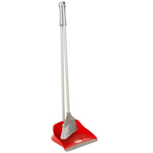 Varian Dust Pan Set with Long Handle, Red and Silver, Durable Plastic Construction