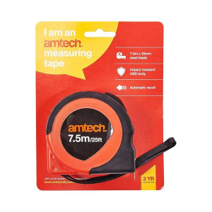 Amtech Tape - 7.5M Measuring Two Tone, Metric and Inch Graduations, 7.5-meter Length, ABS Plastic, Auto Return Mechanism, 25mm Wide Blade