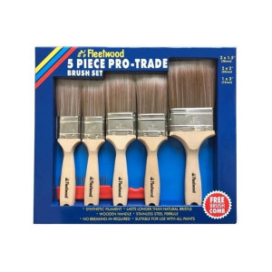 Fleetwood Brush Set Pro Trade 5Pc, Synthetic Bristles, Stainless Steel Ferrule, for Painting, 1.5in/2in/3in