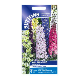 Sutton Seeds Delphinium Delight Mix, Hardy Perennial, 150cm/5' Tall, Bee Friendly