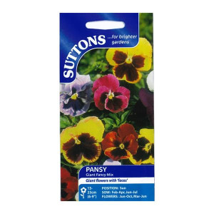 Sutton Seeds Pansy Giant Fancy Mix, Hardy Biennial/Perennial, 15-23cm, Vibrant Colours