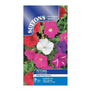 Sutton Seeds Petunia F2 Cheerful Mix, Compact Half Hardy Annual Flowers for Large Borders, 30cm (12")