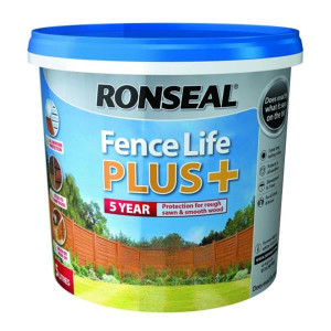 Ronseal Fencelife Plus Dark Oak 5L, 5 year all-weather protection for rough sawn & smooth wood, brush or spray on, sticks to damp wood