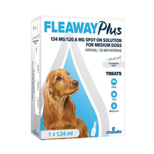 Fleaway Plus Dog Medium 134mg Spot-On Treatment for Fleas, Ticks, and Eggs, 4 Weeks Protection for Dogs, 1 Pipette, 134mg, Vet-Recommended
