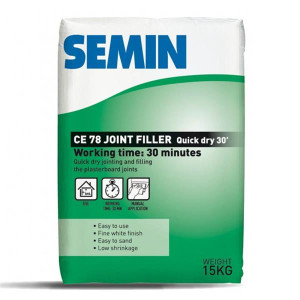 Semin Joint Filler Quick Dry 15Kg, White, All Plasterboard Types, 1/2-2 Hours Setting Time, 1,000 g Strip Adhesion