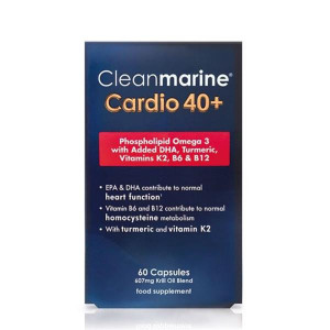 Cleanmarine Cardio 40+ Omega 3 Heart Health Support Capsules, Supports Normal Heart Function, EPA and DHA, Turmeric and Vitamin K2, FSA Eligible