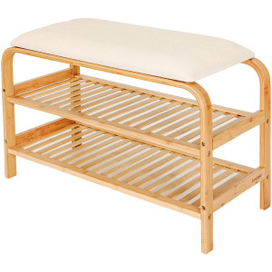 Półka na Buty Szafka Stojak Regał z Siedziskiem Bambusowa 70x30x46 Beżowa