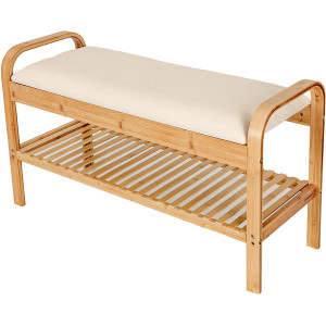 Półka na Buty Szafka Stojak Regał z Siedziskiem Bambusowa 90x55x33 Beżowa