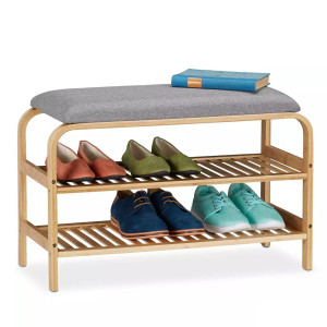 Półka na Buty Szafka Stojak Regał z Siedziskiem Bambusowa 70x30x46 Szara
