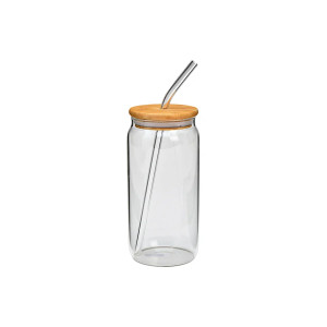 Kubek Szklanka Pojemnik ze Słomką Szklaną i Pokrywką Bambusową 590ml 1szt