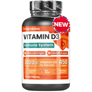 VITASTRONG. Vitamine D3 2000 IE 50 mcg Hoge dosering, 1 per dag, 450 tabletten D3 Vitamine Cholecalciferol (15 + maanden), immuunsysteem, botten,