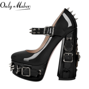 Onlymaker Frauen Mary-Jane Plattform Gothic Schnalle Gürtel Ring Niet Shinny Chunky High Heels Ankle Strap Mit Hohen Absätzen Punk Pumpen