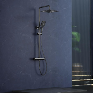 NONE Thermostaat douchesysteem Zwart-30x30 cm Hoekige RVS regendouche, doucheset incl. Handdouche (3 standen), in hoogte verstelbaar Black