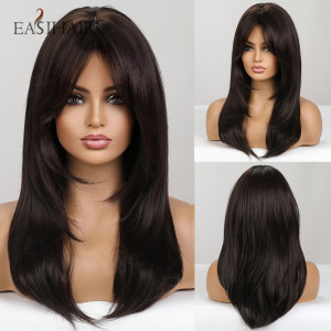 EASIHAIR – perruques synthétiques noires marron foncé avec frange, cheveux naturels mi-droits en couches pour femmes, Cosplay quotidien résistant à la