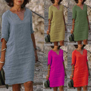 NONE Vintage Frauen Solide Mini Kleid Sommer Mode V-ausschnitt Drei Viertel Hülse Baumwolle Leinen Kleid Damen Casual Urlaub Vestidos